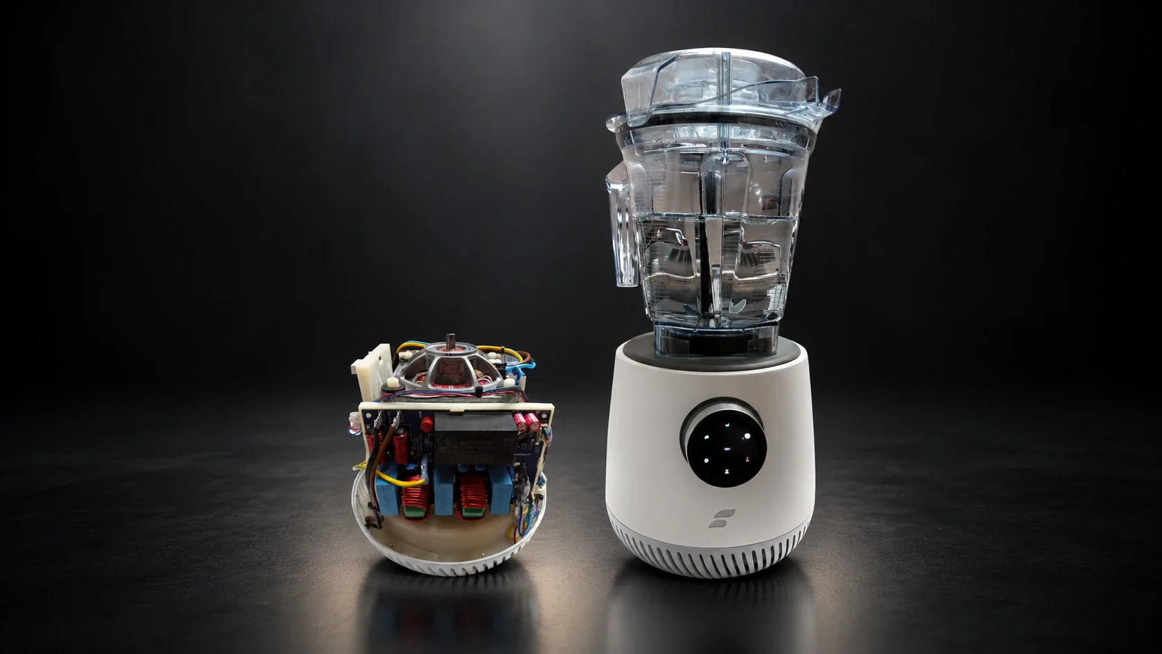 Smart blender with touch control knob next to its PMSM motor and power electronics
